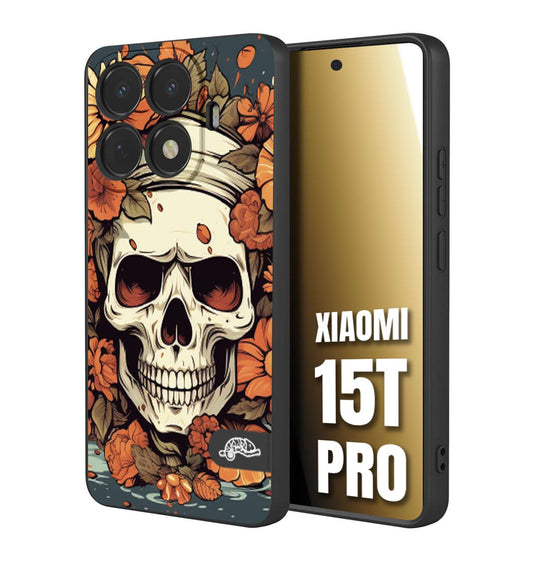 CUSTOMIZZA - Custodia cover nera morbida in tpu compatibile per Xiaomi 15T PRO teschio skull flowers fiori tattoo disegnato alta definizione