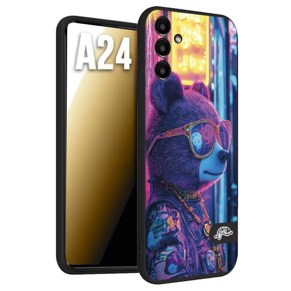 CUSTOMIZZA - Custodia cover nera morbida in tpu compatibile per Samsung A24 animali cyberpunk orsetto orso street bear fucsia blu night