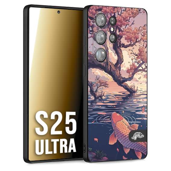 CUSTOMIZZA - Custodia cover nera morbida in tpu compatibile per Samsung S25 ULTRA giapponese lago carpa koi rosa con foglie d'acero disegnata tattoo