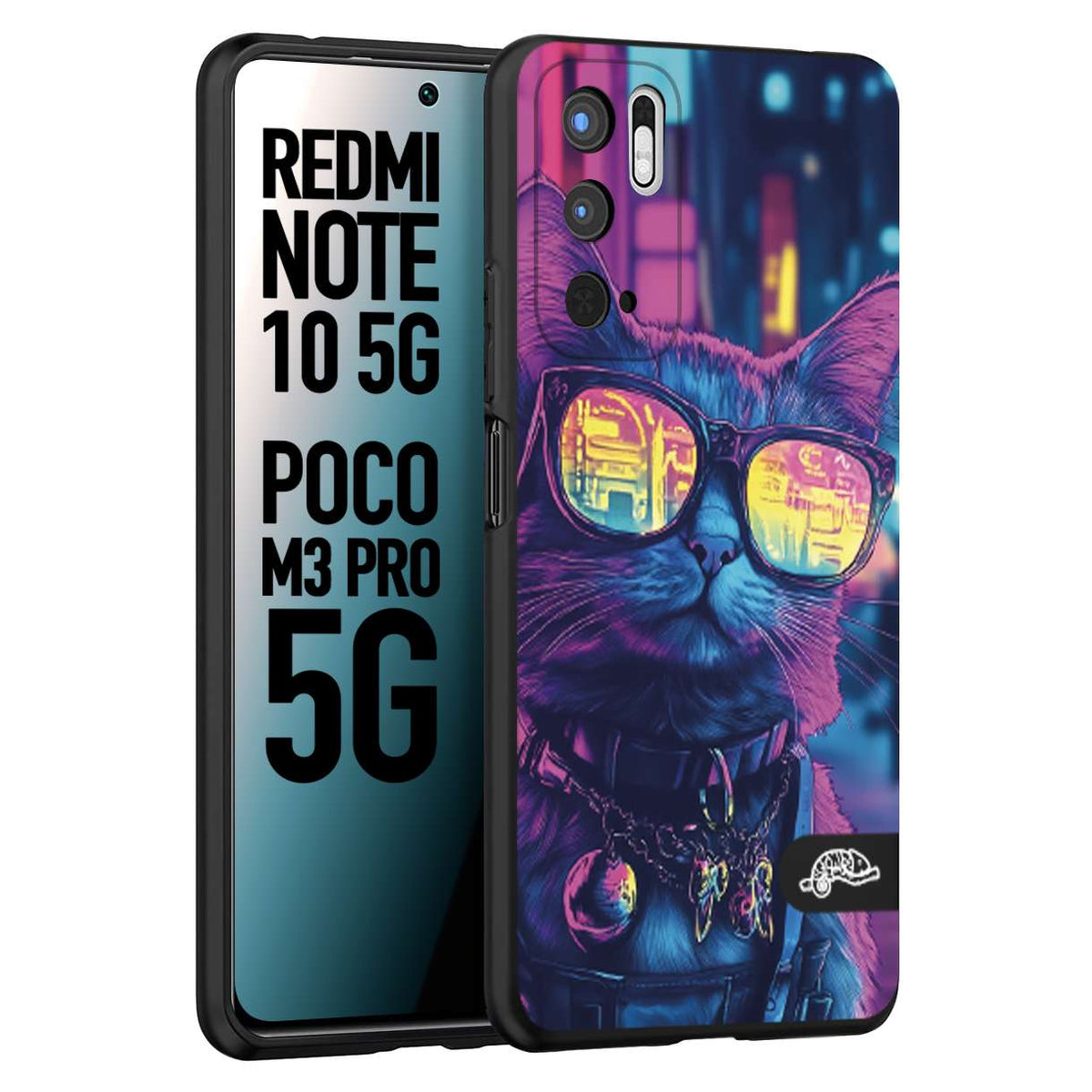 CUSTOMIZZA - Custodia cover nera morbida in tpu compatibile per Xiaomi Redmi Note 10 5G - Poco M3 Pro 5G animali cyberpunk gatto street cat fucsia blu giallo