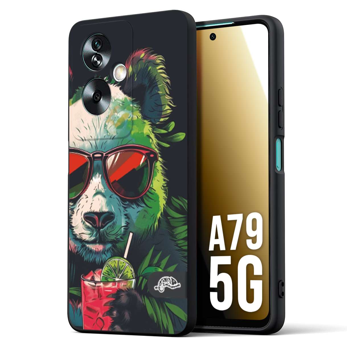 CUSTOMIZZA - Custodia cover nera morbida in tpu compatibile per Oppo A79 5G estate disegnata cocktails animali simpatici panda mojito