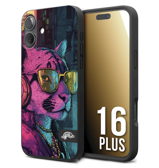 CUSTOMIZZA - Custodia cover nera morbida in tpu compatibile per iPhone 16 PLUS animali cyberpunk pantera street cat fucsia blu giallo