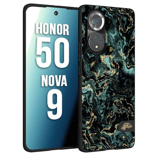 CUSTOMIZZA - Custodia cover nera morbida in tpu compatibile per Huawei Nova 9 - Honor 50 effetto marmo marble verde green venature dorato pietra