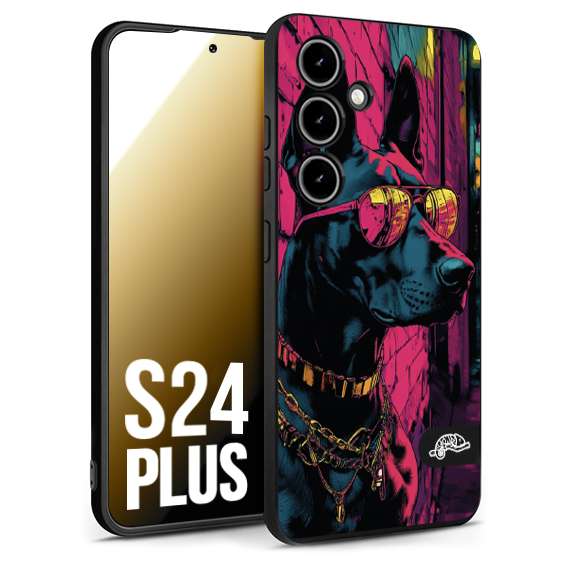 CUSTOMIZZA - Custodia cover nera morbida in tpu compatibile per Samsung S24 PLUS animali cyberpunk dobermann cane street dog fucsia blu