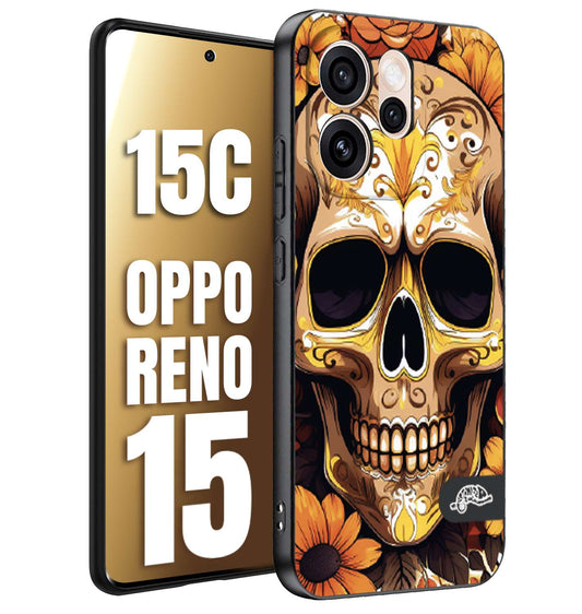 CUSTOMIZZA - Custodia cover nera morbida in tpu compatibile per Oppo Reno 15 - Reno 15Cteschio messicano colorato dorato fiori tattoo disegnato