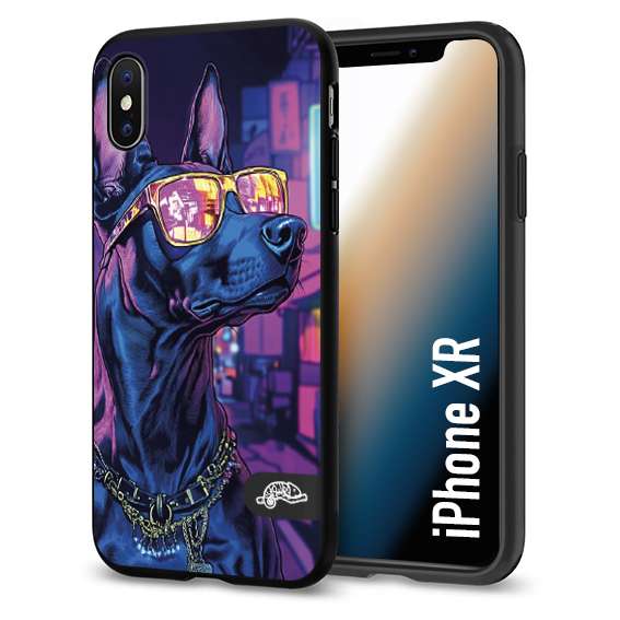 CUSTOMIZZA - Custodia cover nera morbida in tpu compatibile per iPhone Xr animali cyberpunk dobermann cane street dog fucsia blu night