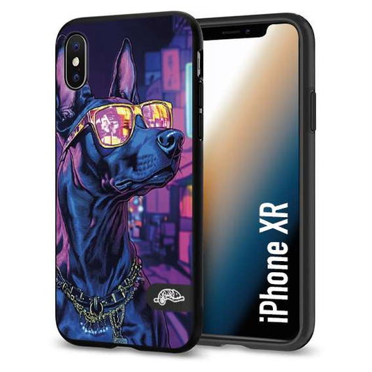 CUSTOMIZZA - Custodia cover nera morbida in tpu compatibile per iPhone Xr animali cyberpunk dobermann cane street dog fucsia blu night