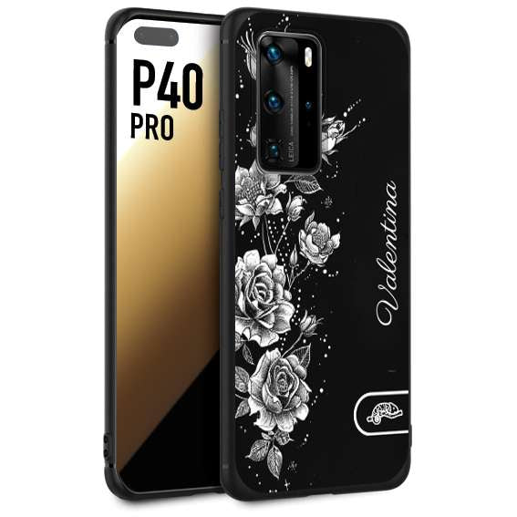 CUSTOMIZZA - Custodia cover nera morbida in tpu compatibile per Huawei P40 PRO a rilievo soft touch personalizzata nome rose fiori donna