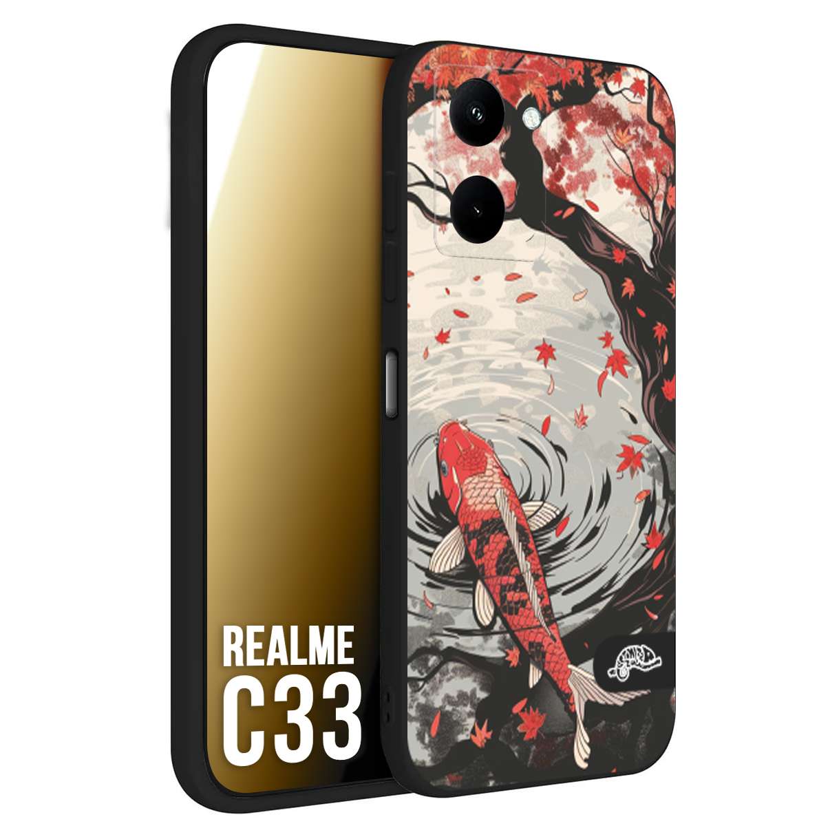 CUSTOMIZZA - Custodia cover nera morbida in tpu compatibile per Oppo Realme C33 giapponese lago carpa koi rossa con foglie d'acero rosso disegnata tattoo