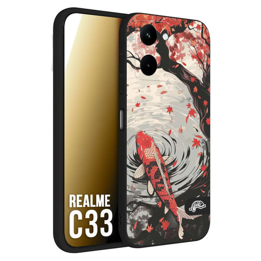 CUSTOMIZZA - Custodia cover nera morbida in tpu compatibile per Oppo Realme C33 giapponese lago carpa koi rossa con foglie d'acero rosso disegnata tattoo