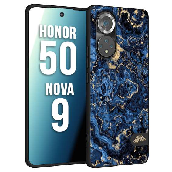 CUSTOMIZZA - Custodia cover nera morbida in tpu compatibile per Huawei Nova 9 - Honor 50 effetto marmo marble blu venature dorato psichedelico