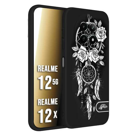 CUSTOMIZZA - Custodia cover nera morbida in tpu compatibile per Realme 12 5G - 12X acchiappasogni dreamcatcher black and white bianco a rilievo disegnato tattoo tatuaggio