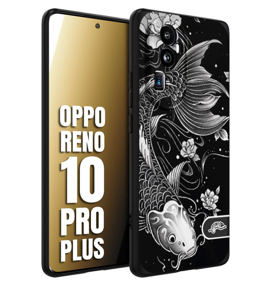 CUSTOMIZZA - Custodia cover nera morbida in tpu compatibile per Oppo Reno 10 PRO PLUS carpa koi black and white bianco a rilievo disegnato tattoo tatuaggio