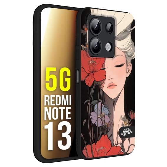 CUSTOMIZZA - Custodia cover nera morbida in tpu compatibile per Xiaomi Redmi Note 13 5G woman flower Fantasia Floreale Design Donna e Fiori, Retro Artistico