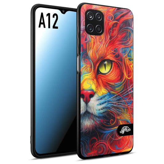 CUSTOMIZZA - Custodia cover nera morbida in tpu compatibile per Samsung A12 animali color cat gatto viso colori vibranti disegnato schizzo