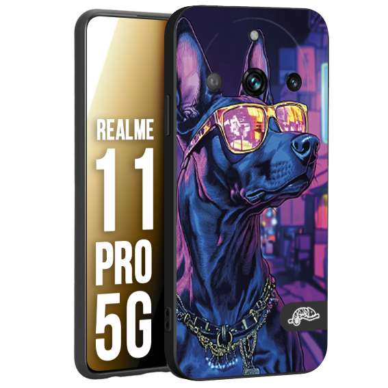 CUSTOMIZZA - Custodia cover nera morbida in tpu compatibile per Realme 11 PRO 5G animali cyberpunk dobermann cane street dog fucsia blu night