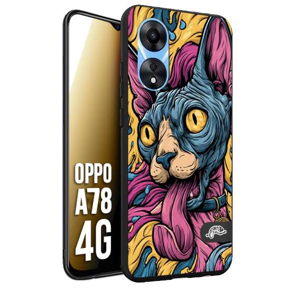 CUSTOMIZZA - Custodia cover nera morbida in tpu compatibile per Oppo A78 4G Sphynx Colorato Pop Art Psichedelico Gatto Blu Rosa Giallo Artistica Fantasy