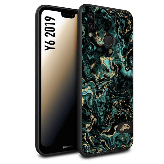 CUSTOMIZZA - Custodia cover nera morbida in tpu compatibile per Huawei Y6 2019 effetto marmo marble verde green venature dorato pietra