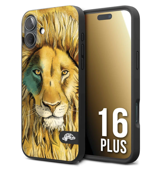CUSTOMIZZA - Custodia cover nera morbida in tpu compatibile per iPhone 16 PLUS leone lion disegnato a mano giallo blu a rilievo artistico brown