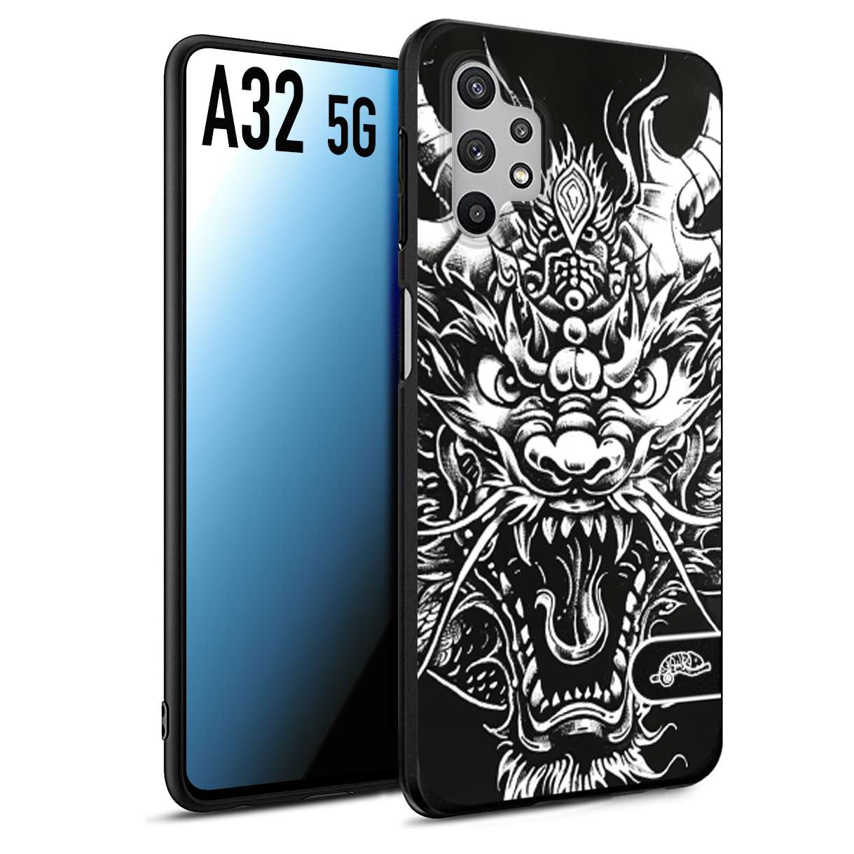 CUSTOMIZZA - Custodia cover nera morbida in tpu compatibile per Samsung A32 5G drago black and white bianco a rilievo disegnato tattoo tatuaggio