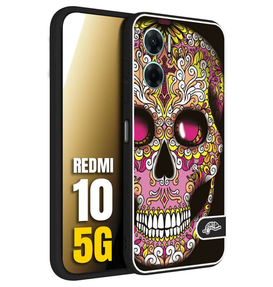 CUSTOMIZZA - Custodia cover nera morbida in tpu compatibile per Xiaomi Redmi 10 5G teschio messicano Mexican skull rosa gialla