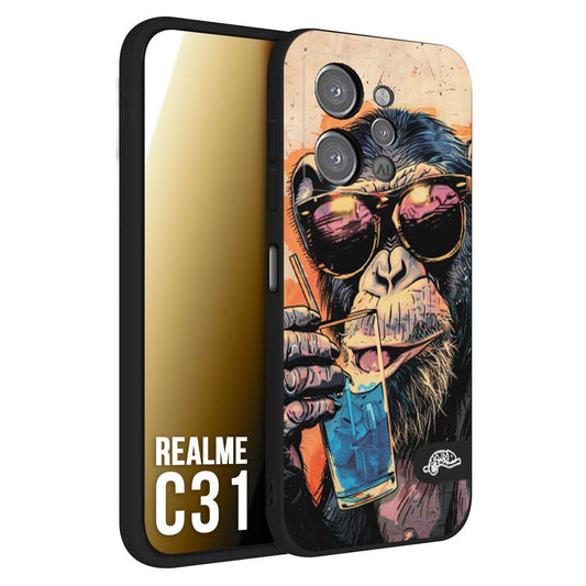 CUSTOMIZZA - Custodia cover nera morbida in tpu compatibile per Oppo Realme C31 estate disegnata cocktails animali simpatici scimmia monkey negroni