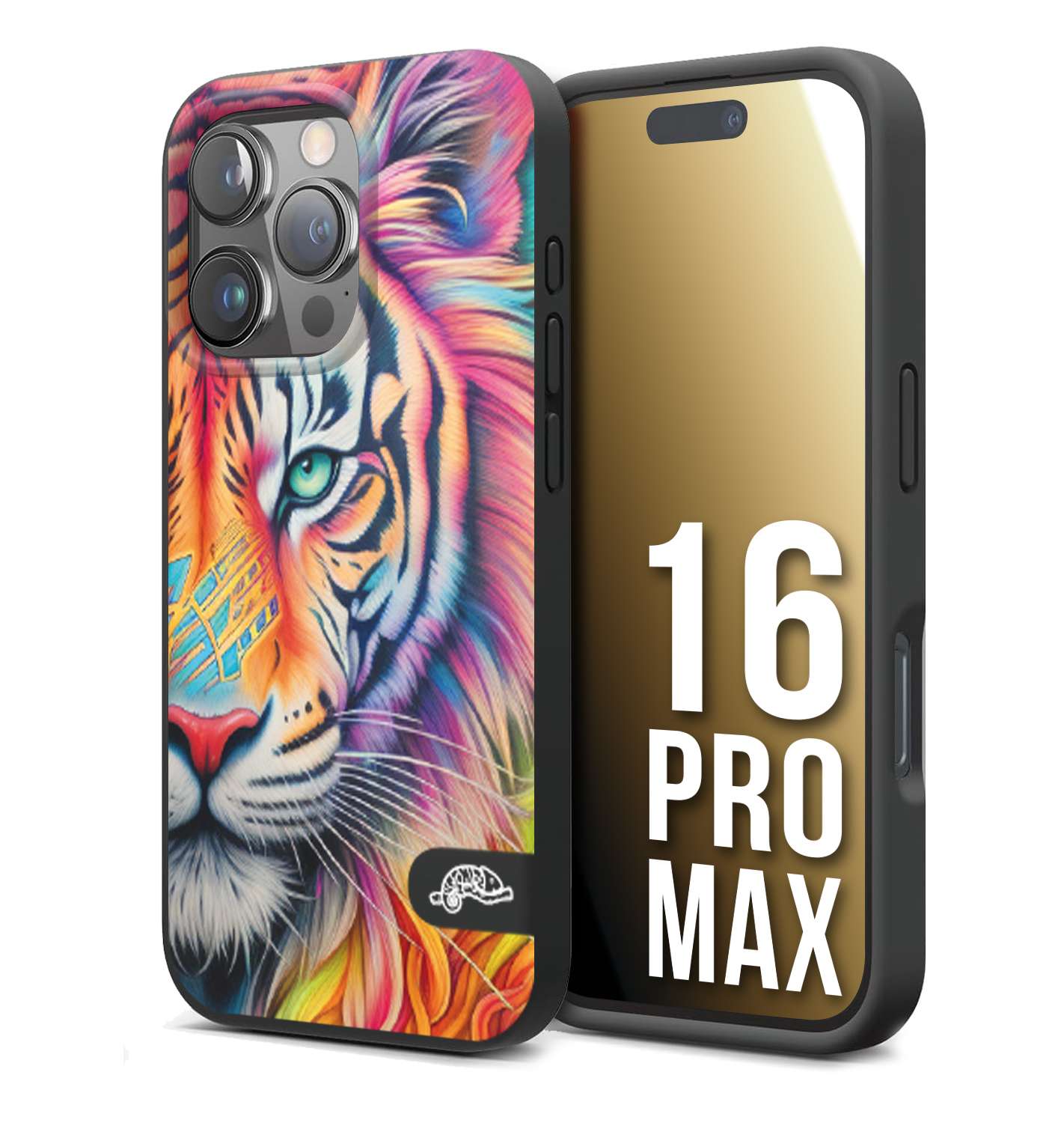 CUSTOMIZZA - Custodia cover nera morbida in tpu compatibile per iPhone 16 PRO MAX animali color tigre tiger viso colori vibranti disegnato schizzo