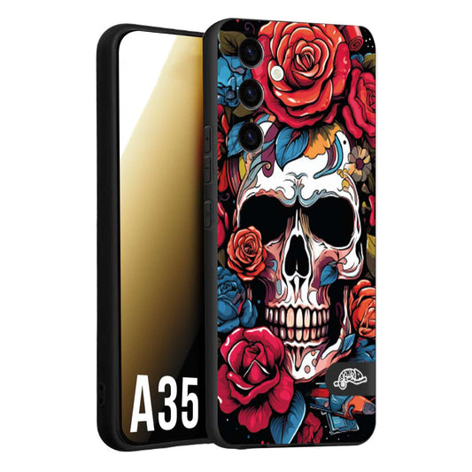 CUSTOMIZZA - Custodia cover nera morbida in tpu compatibile per Samsung A35 5G teschio skull flowers fiori rose rosse tattoo disegnato