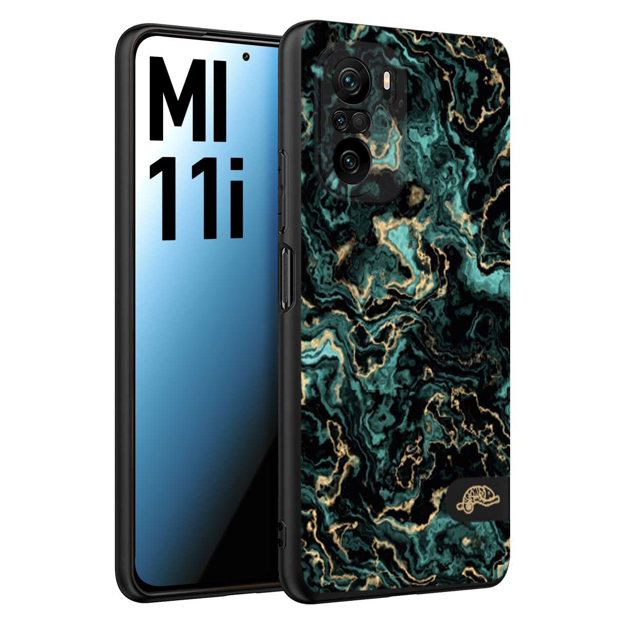 CUSTOMIZZA - Custodia cover nera morbida in tpu compatibile per Xiaomi Mi 11i effetto marmo marble verde green venature dorato pietra