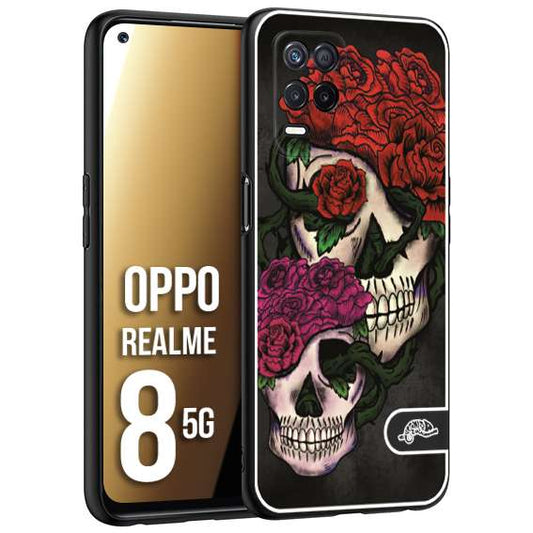 CUSTOMIZZA - Custodia cover nera morbida in tpu compatibile per Realme 8 5G teschi e rose rosse fucsia skull and roses