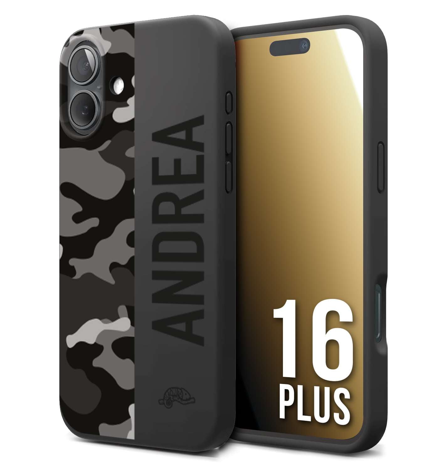 CUSTOMIZZA - Custodia cover nera morbida in tpu compatibile per iPhone 16 PLUS camouflage mimetico militare personalizzata nome