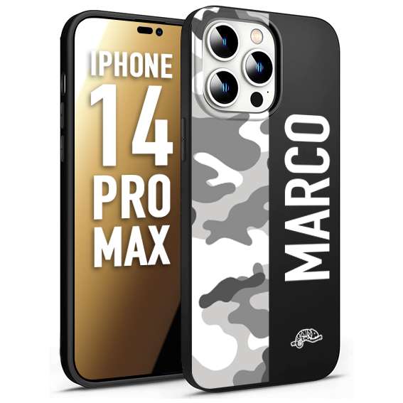 CUSTOMIZZA - Custodia cover nera morbida in tpu compatibile per iPhone 14 PRO MAX camouflage mimetico militare personalizzata nome bianco