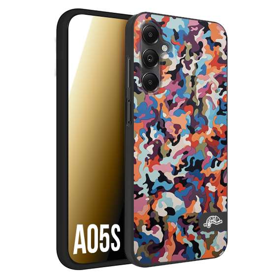CUSTOMIZZA - Custodia cover nera morbida in tpu compatibile per Samsung A05S camouflage mimetico militare moderno blu arancio rosa