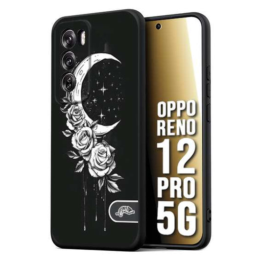 CUSTOMIZZA - Custodia cover nera morbida in tpu compatibile per Oppo Reno 12 PRO 5G luna e fiori moon flowers black and white bianco a rilievo disegnato