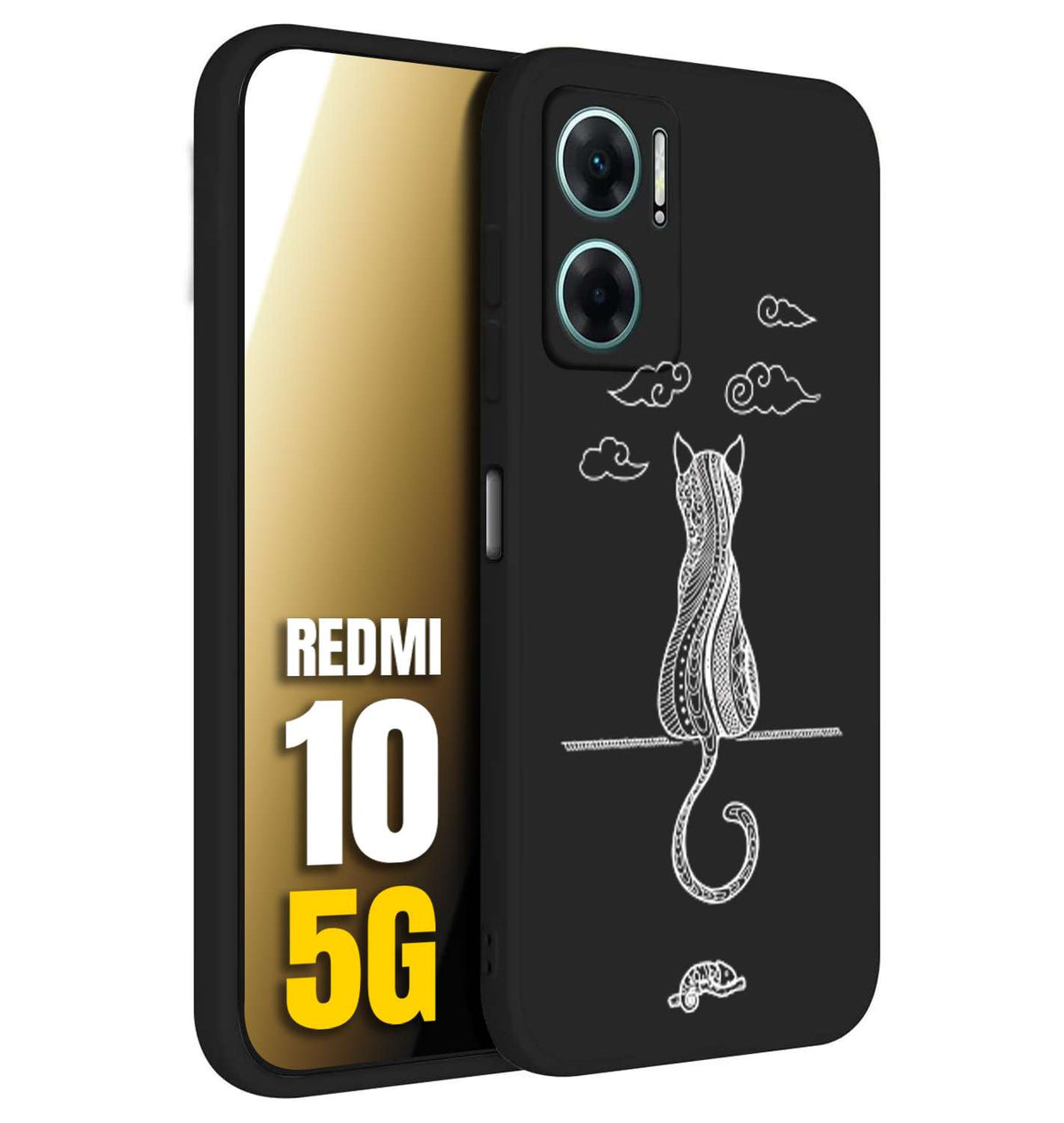CUSTOMIZZA - Custodia cover nera morbida in tpu compatibile per Xiaomi Redmi 10 5G gatto mandala stilizzato gattino a rilievo soft touch donna bianca