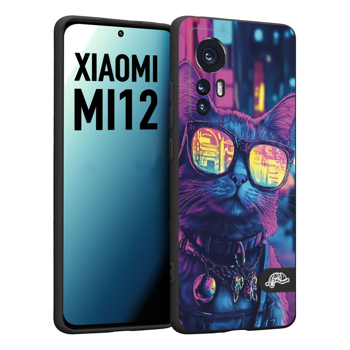 CUSTOMIZZA - Custodia cover nera morbida in tpu compatibile per Xiaomi 12 5G animali cyberpunk gatto street cat fucsia blu giallo