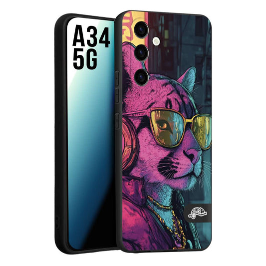 CUSTOMIZZA - Custodia cover nera morbida in tpu compatibile per Samsung A34 5G animali cyberpunk pantera street cat fucsia blu giallo