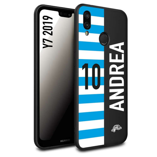 CUSTOMIZZA - Custodia cover nera morbida in tpu compatibile per Huawei Y7 2019 personalizzata calcio football nome e numero calciatori biancazzurri