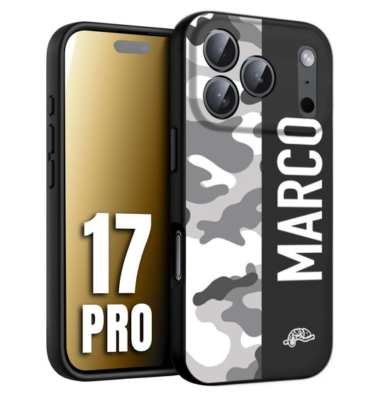 CUSTOMIZZA - Custodia cover nera morbida in tpu compatibile per iPhone 17 PRO camouflage mimetico militare personalizzata nome bianco