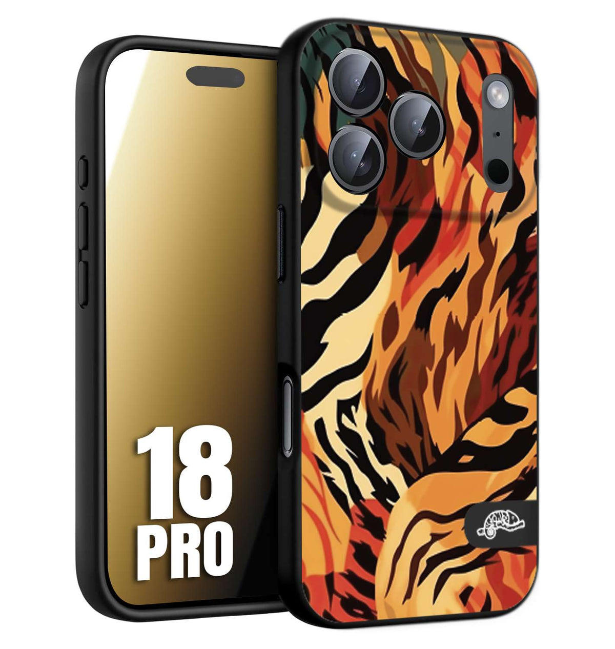 CUSTOMIZZA - Custodia cover nera morbida in tpu compatibile per iPhone 18 PRO leopardato maculato tigrato tiger colorata gialla rossa arancio
