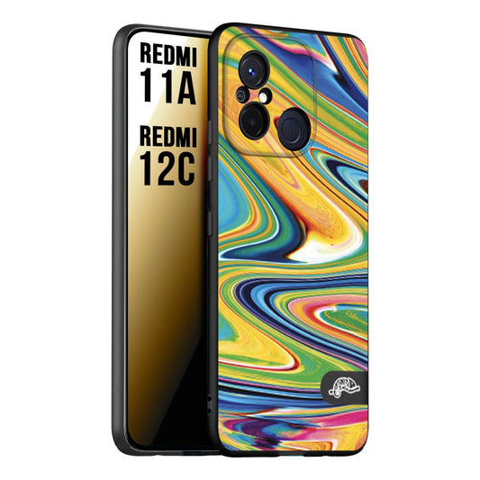 CUSTOMIZZA - Custodia cover nera morbida in tpu compatibile per Xiaomi Redmi 11A - 12C colorata fantasia vortice marmo arcobaleno gialla verde blu