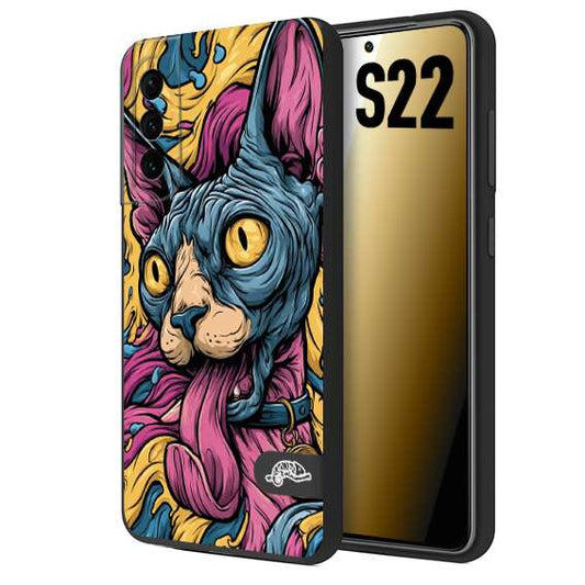 CUSTOMIZZA - Custodia cover nera morbida in tpu compatibile per Samsung S22 Sphynx Colorato Pop Art Psichedelico Gatto Blu Rosa Giallo Artistica Fantasy
