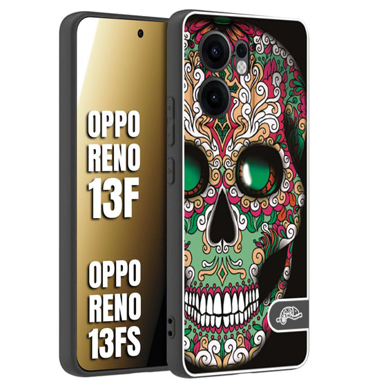 CUSTOMIZZA - Custodia cover nera morbida in tpu compatibile per Oppo Reno 13 F teschio messicano Mexican skull verde fucsia