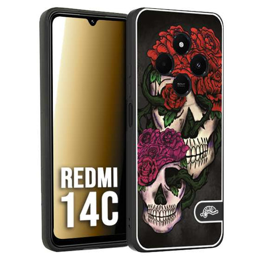 CUSTOMIZZA - Custodia cover nera morbida in tpu compatibile per Xiaomi Redmi 14C teschi e rose rosse fucsia skull and roses