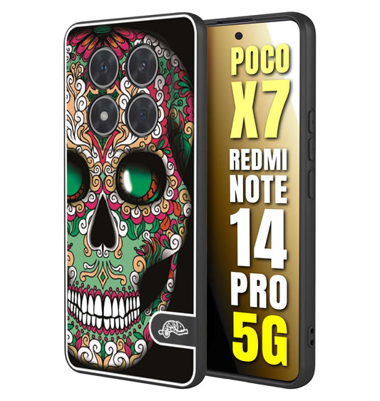 CUSTOMIZZA - Custodia cover nera morbida in tpu compatibile per Xiaomi Redmi Note 14 PRO 5G teschio messicano Mexican skull verde fucsia