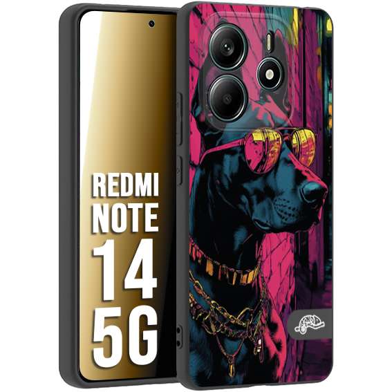 CUSTOMIZZA - Custodia cover nera morbida in tpu compatibile per Xiaomi Redmi Note 14 5G animali cyberpunk dobermann cane street dog fucsia blu