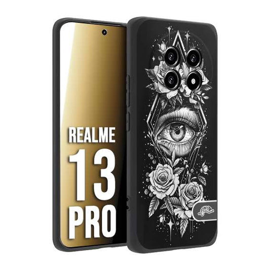 CUSTOMIZZA - Custodia cover nera morbida in tpu compatibile per Realme 13 PRO occhio fiori rombo geometrico black and white bianco a rilievo disegnato tattoo tatuaggio