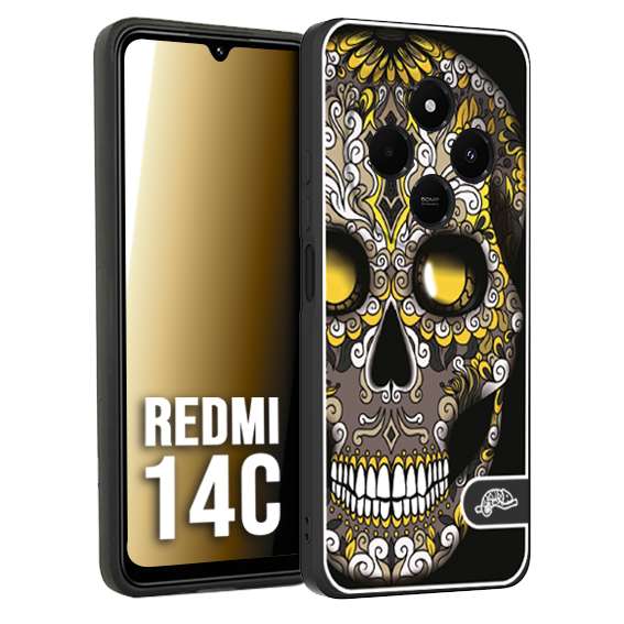 CUSTOMIZZA - Custodia cover nera morbida in tpu compatibile per Xiaomi Redmi 14C teschio messicano Mexican skull nero giallo