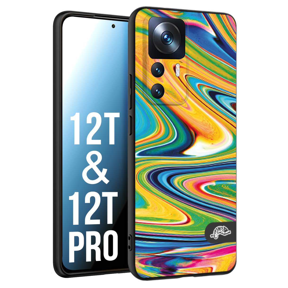 CUSTOMIZZA - Custodia cover nera morbida in tpu compatibile per Xiaomi 12T - 12T PRO colorata fantasia vortice marmo arcobaleno gialla verde blu