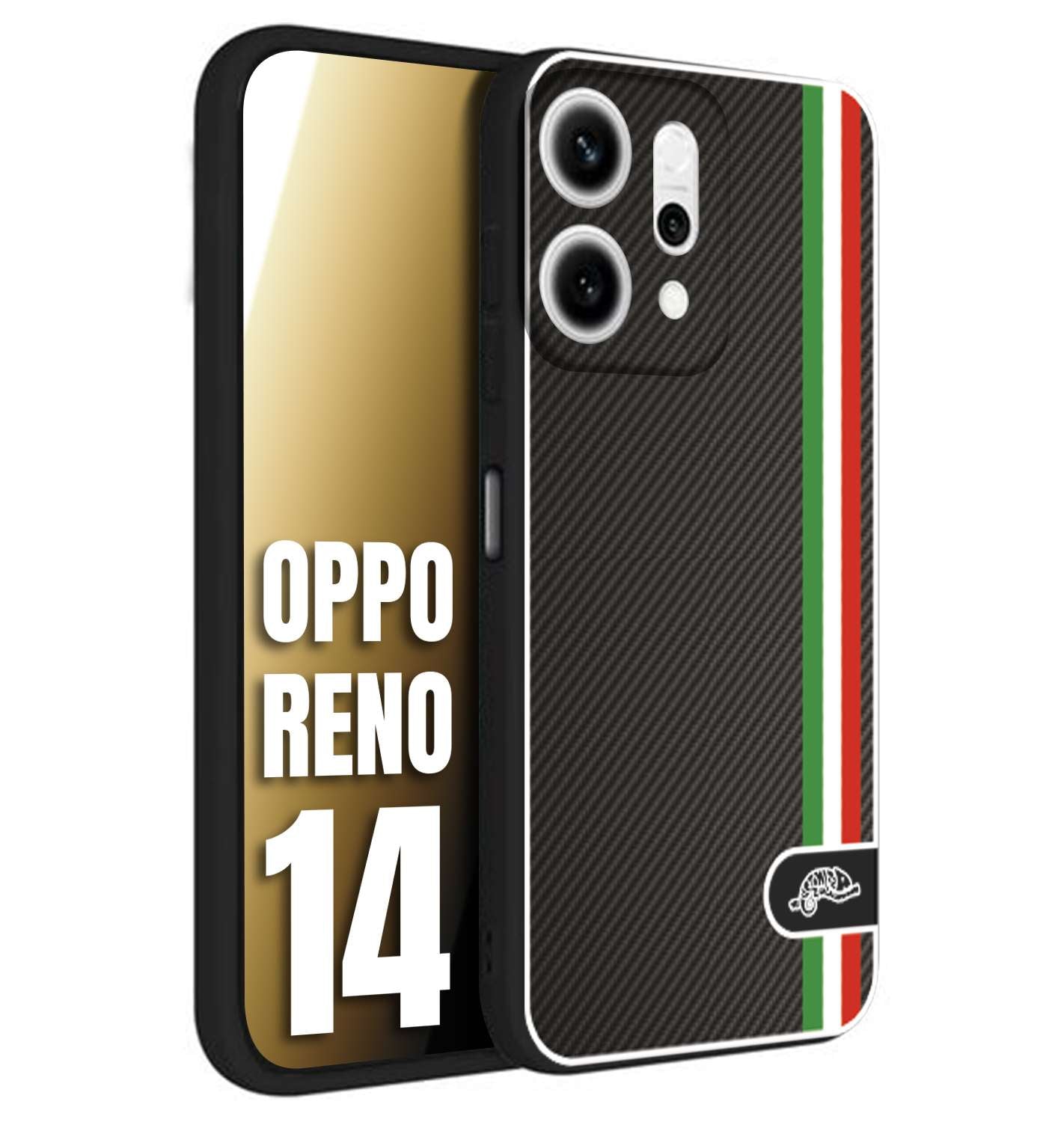CUSTOMIZZA - Custodia cover nera morbida in tpu compatibile per Oppo Reno 14 effetto fibra di carbonio bandiera Italia made in Italy
